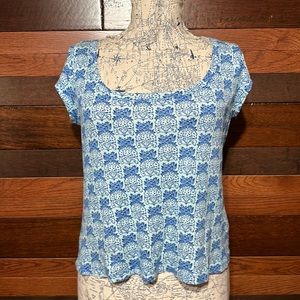 I. E Relaxed Scoop Neck Cap Sleeve Light Blue Floral Crop Top